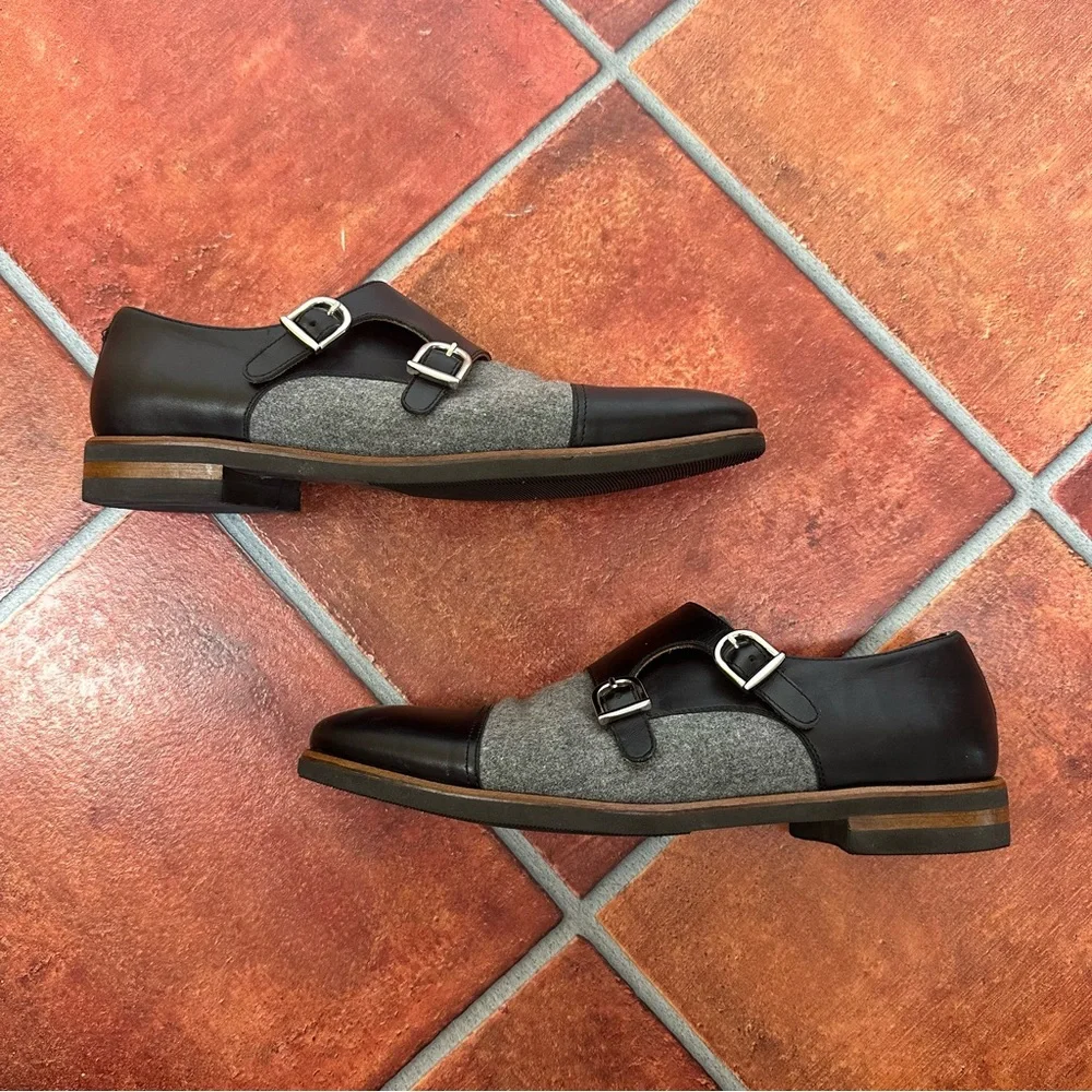 Taft Men’s Double Monk Strap Shoes in Italian Leather and Grey Flannel